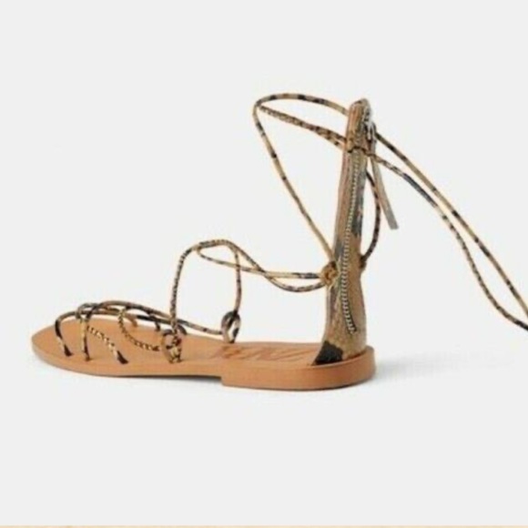 ZARA Snakeskin Print Lace up Gladiator Flat Sandals - Picture 4 of 14